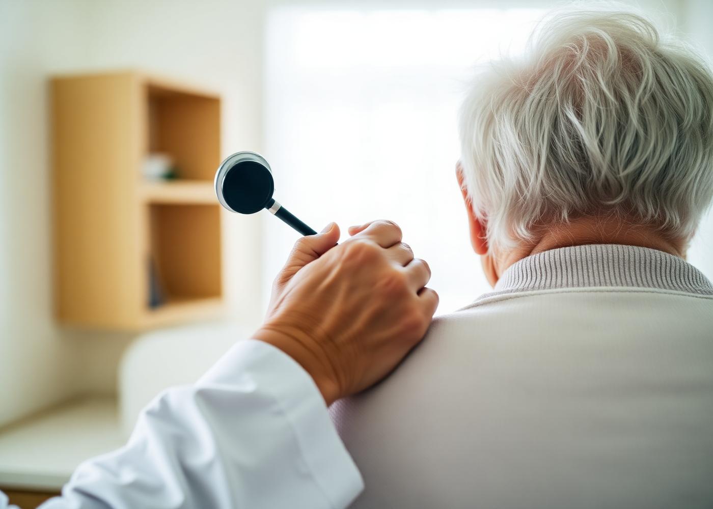 A physician's hand resting on an elderly patient's shoulder during an exam